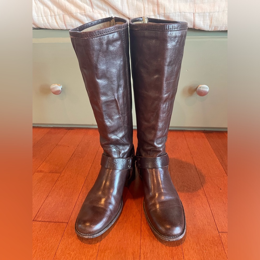Women’s Frye Over Calf Zip Brown Harness Boots 7 1/2